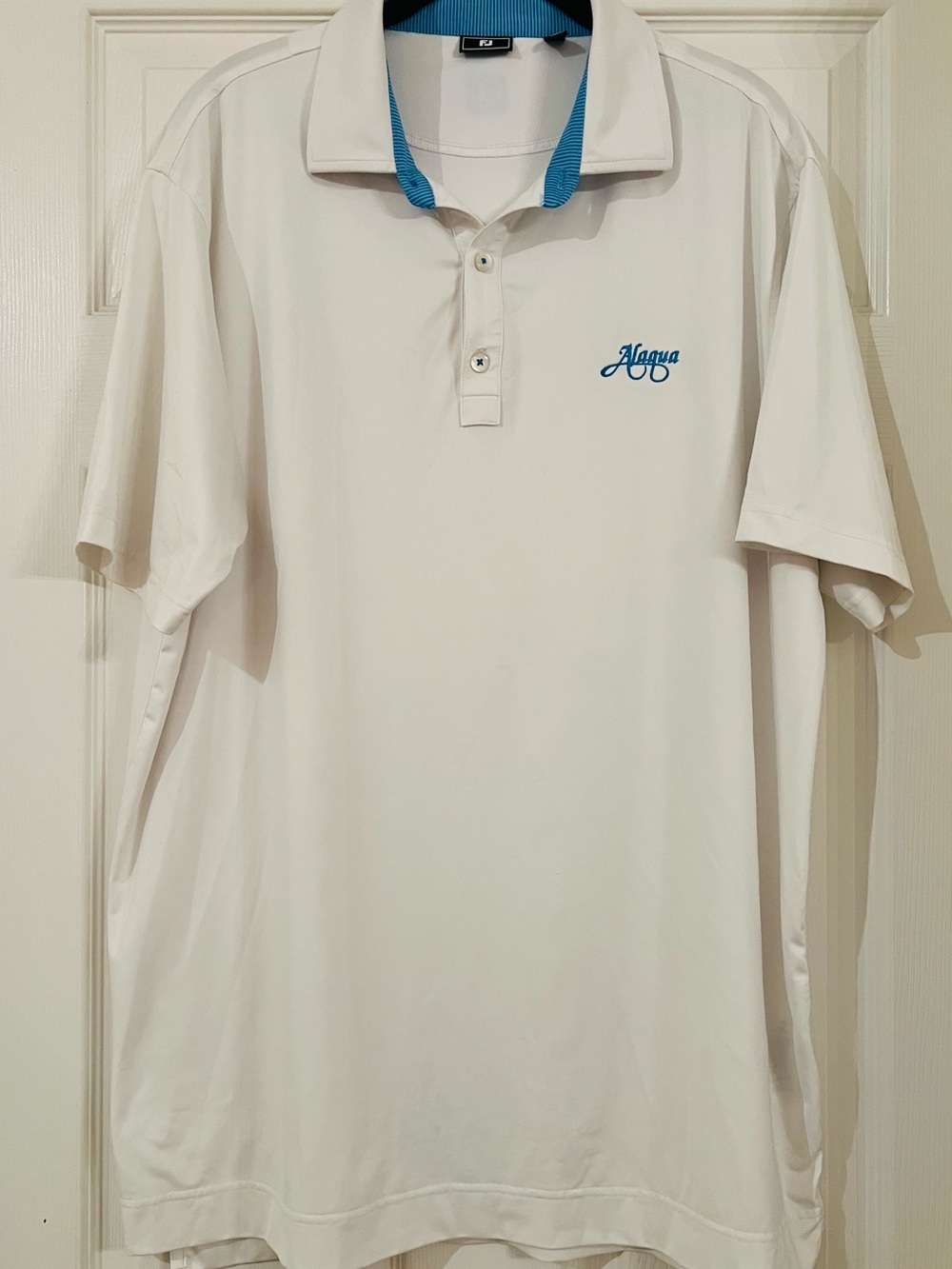 FootJoy Golf Men's White/Blue Stretch Polo Shirt, Size L, Alaqua Country Club